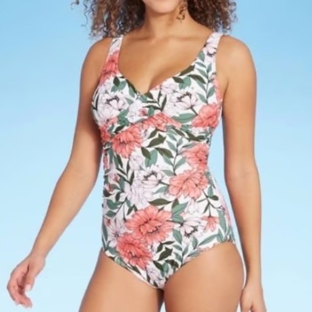 Kona Sol Womens Floral One Piece Swimsuit Pink Green White Large Ruched Tie Back